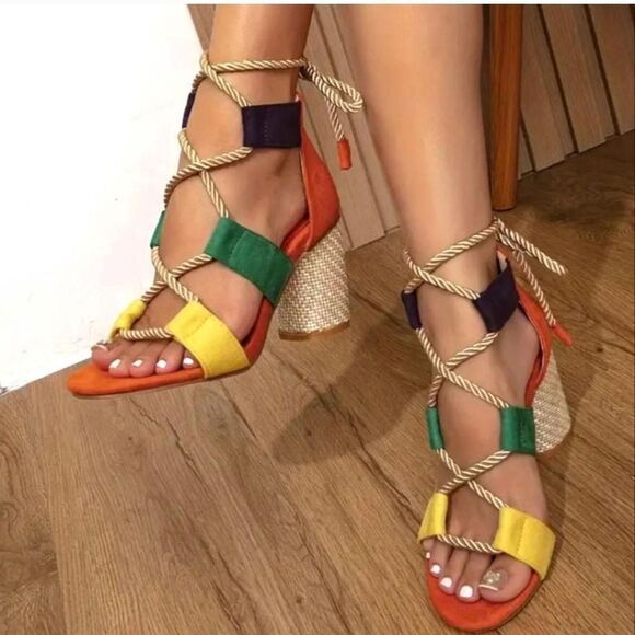 boho colorful open toe heels - Picture 4 of 7